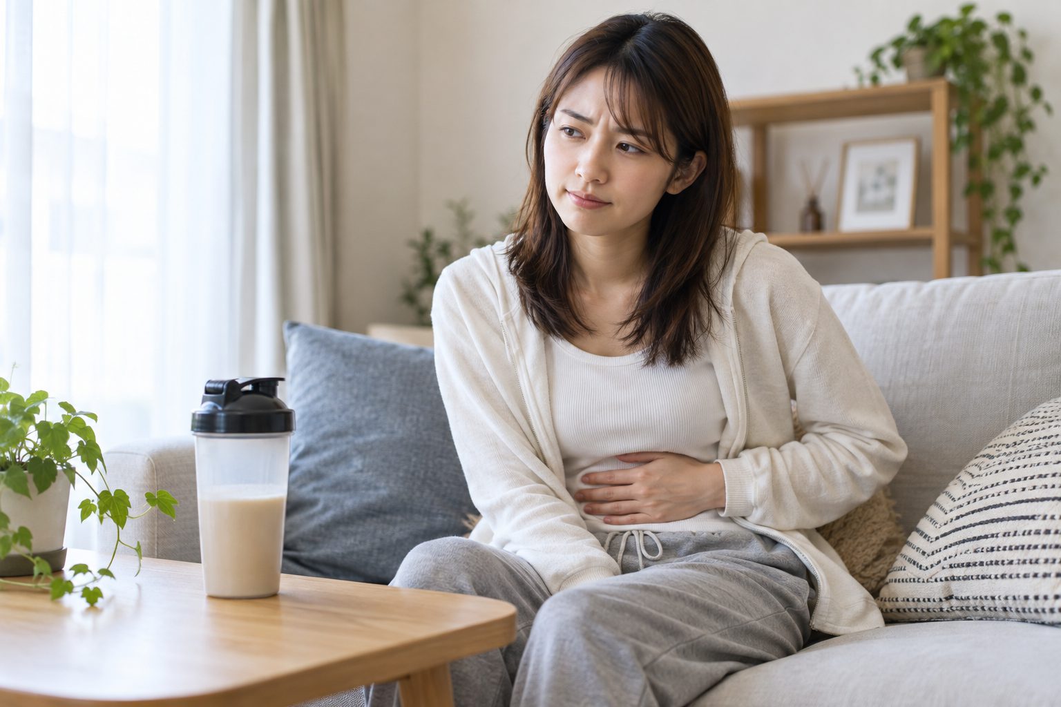 プロテインを飲んだ後にお腹の不調を感じている人物の様子