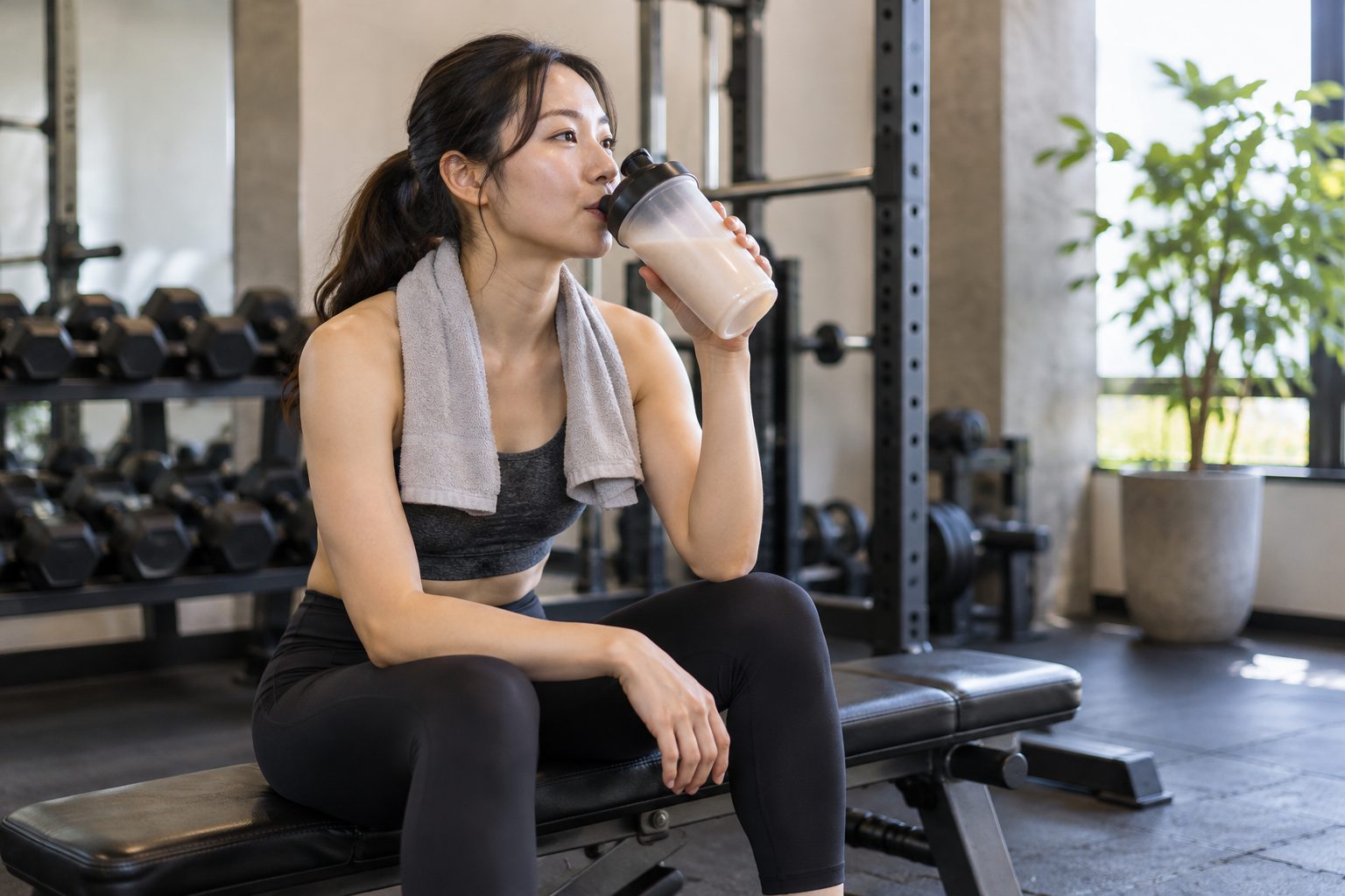 トレーニング後に呼吸を整えてから常温のプロテインをゆっくり飲んでいる人物
