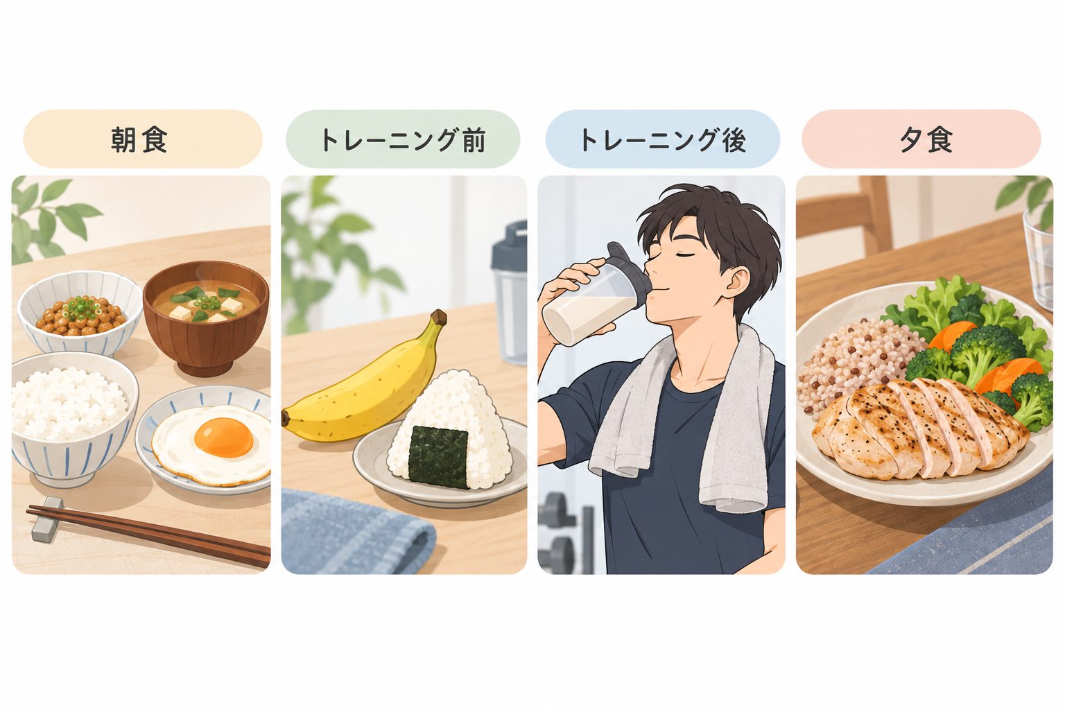朝食、トレーニング前、トレーニング後、夕食という一日の食事例を示す4コマのイラスト