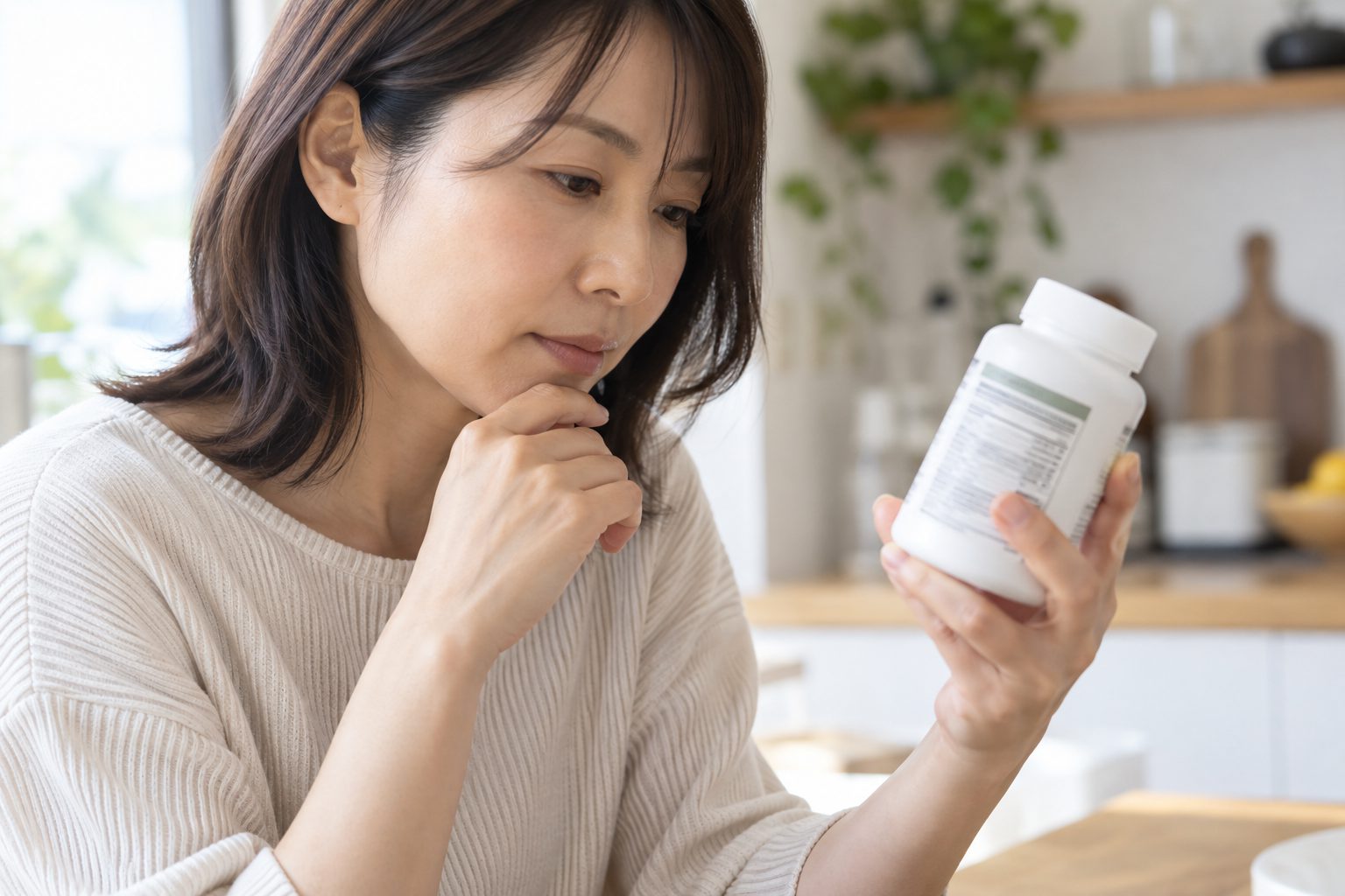 サプリメントの原材料表示を確認している人物の様子