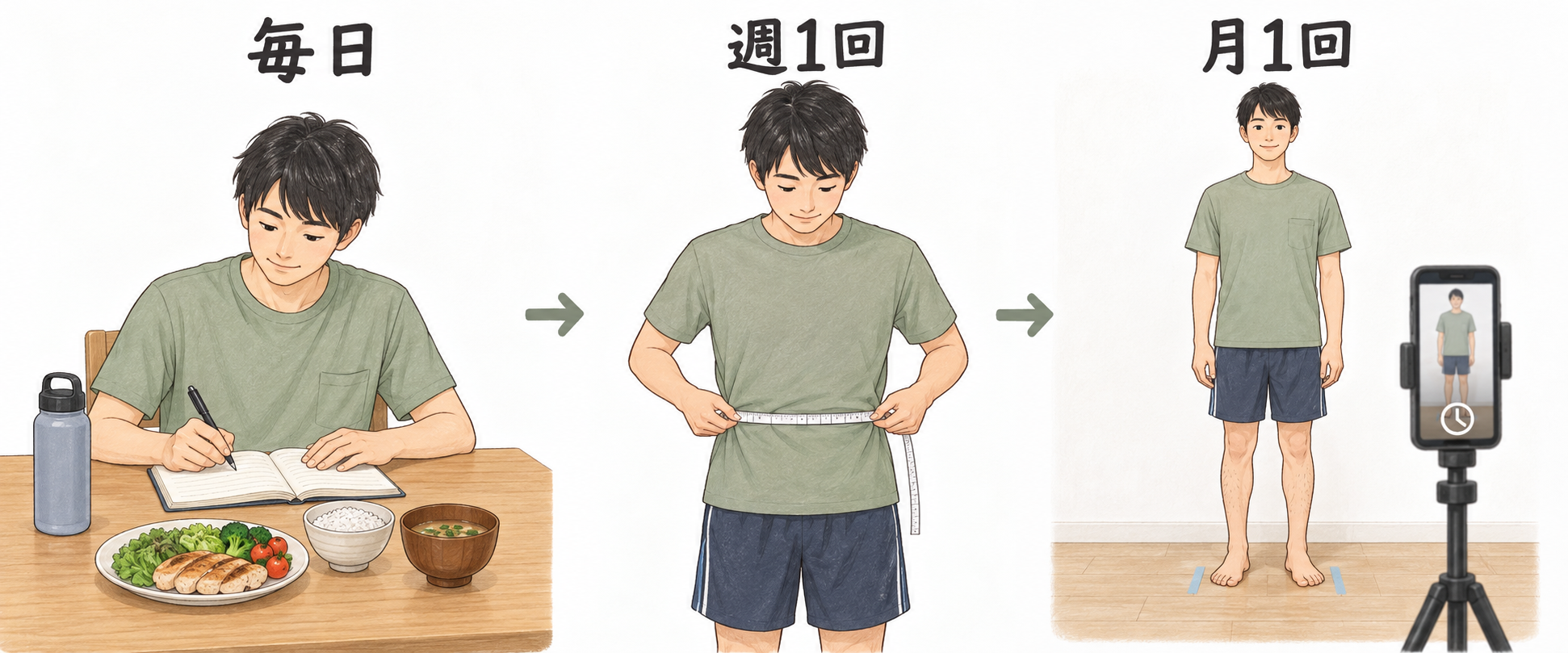 毎日日報を書く、週1回メジャーで腹囲を測る、月1回同じ位置で上半身を撮影する、3つの記録手順を並べたイラスト